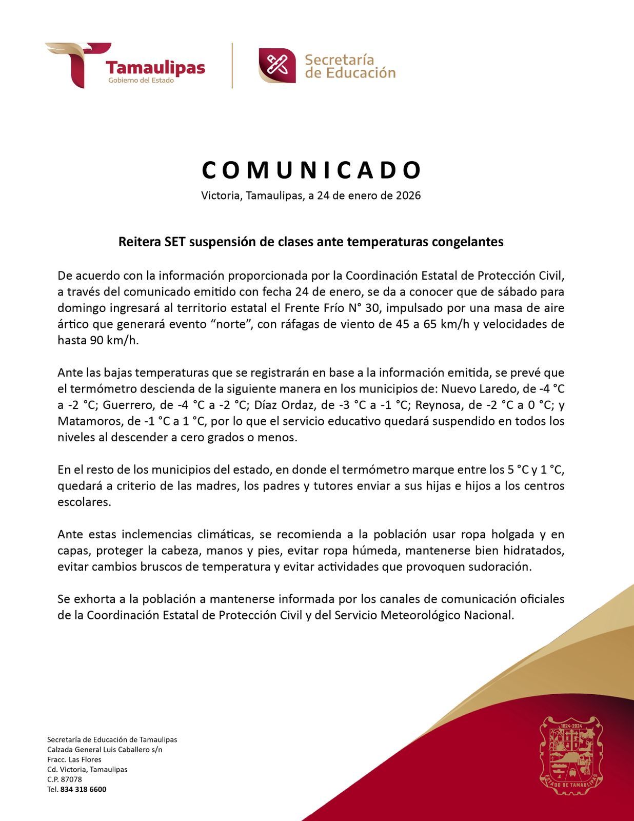 #AvisoImportante  🚨  #ComunidadEducativa #Tamaulipas #FrenteFrio